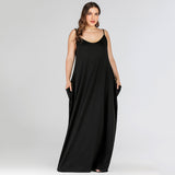 Plus Size Summer  Women Clothing Solid Color Loose Double Pocket Strap Maxi Dress