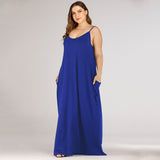 Plus Size Summer  Women Clothing Solid Color Loose Double Pocket Strap Maxi Dress