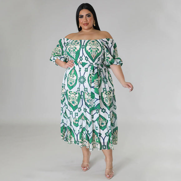 Plus Size Women Clothing Summer Print Short Sleeve Lace Up Folding High Waist Dress