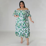 Plus Size Women Clothing Summer Print Short Sleeve Lace Up Folding High Waist Dress