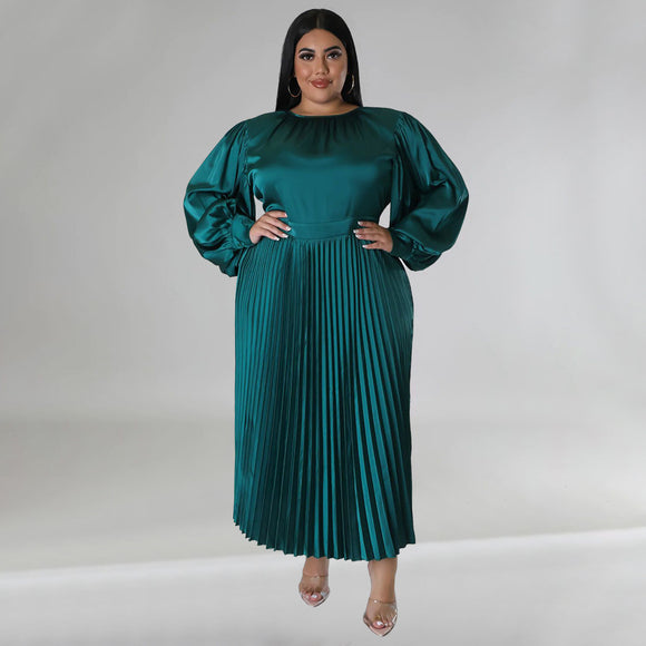 Plus Size Women Clothes Autumn Winter Popular Pleated Round Neck Maxi Dress Long Sleeve