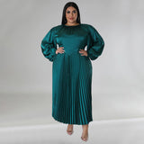 Plus Size Women Clothes Autumn Winter Popular Pleated Round Neck Maxi Dress Long Sleeve