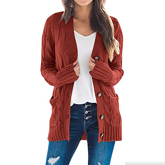 Autumn Winter Women Clothing Casual Cardigan Coat Solid Color Twist Button Cardigan Sweater Women