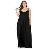 Plus Size Summer  Women Clothing Solid Color Loose Double Pocket Strap Maxi Dress