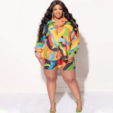 Plus Size Spring Printing Collared Tropical Shirt Shorts Casual Ladies