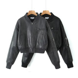 Retro Faux Leather Cotton Jacket Coat for Women Autumn Winter Sexy Stand Collar Zipper Short Varsity Jacket