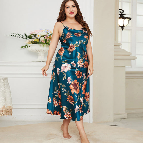 Plus Size Summer Ice Silk Pajamas Casual Pajamas Imitation Silk Sexy Print Slip Nightdress