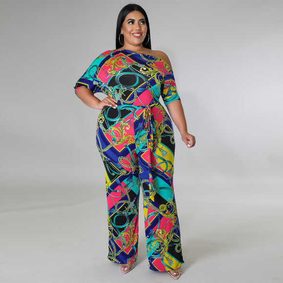 plus Size Women Clothes Spring Summer Mid Sleeve Left off Shoulder Jumpsuit Trousers
