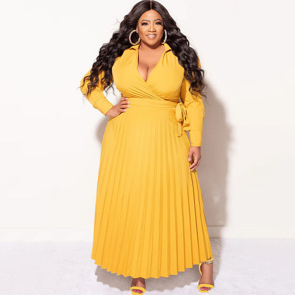 Plus Size Women Clothing V neck Lace up Long Sleeve Pleated Decoration Body Dress