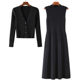 Early Autumn Long Sleeves Dress Sweater Two Piece Set Wool Skirt Loose Knitted Cardigan