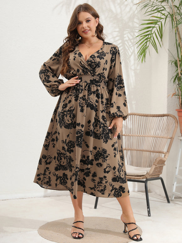 Plus Size Women V Neck Long Sleeve Dress
