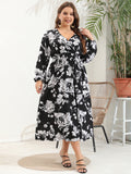 Plus Size Women V Neck Long Sleeve Dress