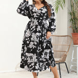 Plus Size Women V Neck Long Sleeve Dress