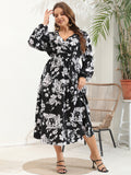 Plus Size Women V Neck Long Sleeve Dress