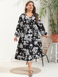 Plus Size Women V Neck Long Sleeve Dress