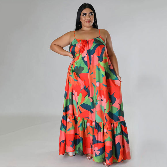 Plus Size Summer Sexy off Shoulder Pleated Long Women Clothes Printing Slip Dress