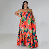 Plus Size Summer Sexy off Shoulder Pleated Long Women Clothes Printing Slip Dress