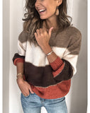 Spring Sweater Color Blocking Round Neck Mid Length Loose Knitted Sweater