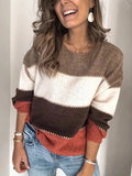 Spring Sweater Color Blocking Round Neck Mid Length Loose Knitted Sweater