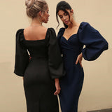 hot selling temperament dress dress in spring and autumn  middle long waist closing bubble sleeve sexy long sleeve dress in autumn
