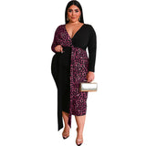 Plus Size Leopard Print Multicolor Printing Deep V Plunge Plunge Sheath Tight with Belt Long Women Dress