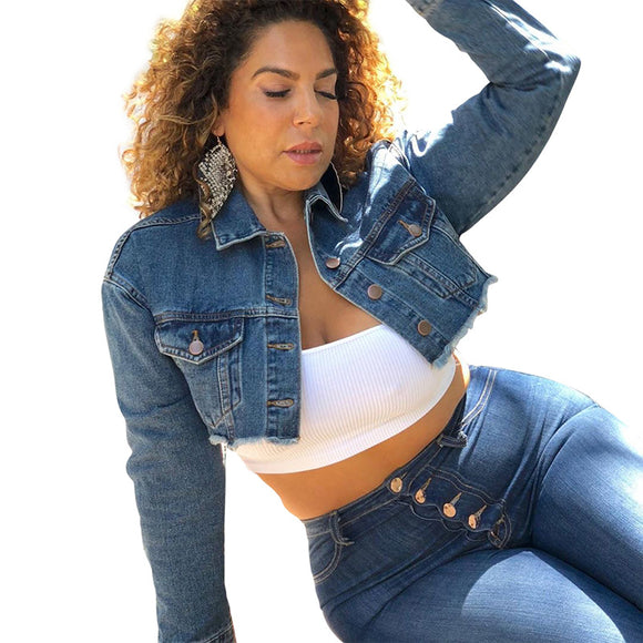 Plus Size Hand Frayed Washed Denim Casual Street  Coat Denim Jacket Women Clothing