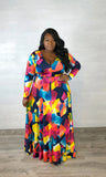 Plus Size Popular  Classic Color Matching Printed Waist Controlled Sexy V Neck Large Swing Dress Belted