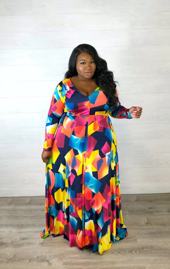 Plus Size Popular  Classic Color Matching Printed Waist Controlled Sexy V Neck Large Swing Dress Belted
