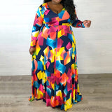 Plus Size Popular  Classic Color Matching Printed Waist Controlled Sexy V Neck Large Swing Dress Belted