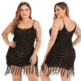 Plus Size Women Clothing Sexy See-through Hollow Out Cutout Woven Cami Dress Tassel Stitching Beach Dress Women