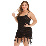 Plus Size Women Clothing Sexy See-through Hollow Out Cutout Woven Cami Dress Tassel Stitching Beach Dress Women