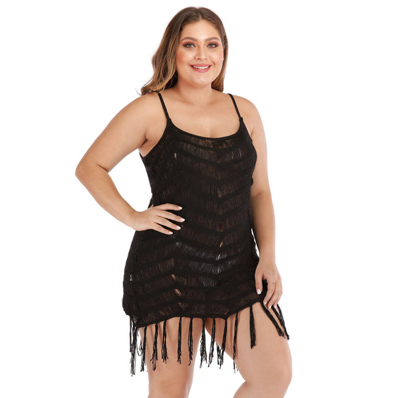 Plus Size Women Clothing Sexy See-through Hollow Out Cutout Woven Cami Dress Tassel Stitching Beach Dress Women