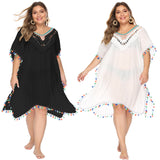 Plus Size Plus Size Women Clothing Irregular Asymmetric Hand Crocheting Stitching Multicolored Tassel Deep V Plunge Plunge Sexy Loose Beach Cover-up Backless Dress