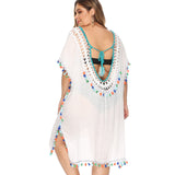 Plus Size Plus Size Women Clothing Irregular Asymmetric Hand Crocheting Stitching Multicolored Tassel Deep V Plunge Plunge Sexy Loose Beach Cover-up Backless Dress