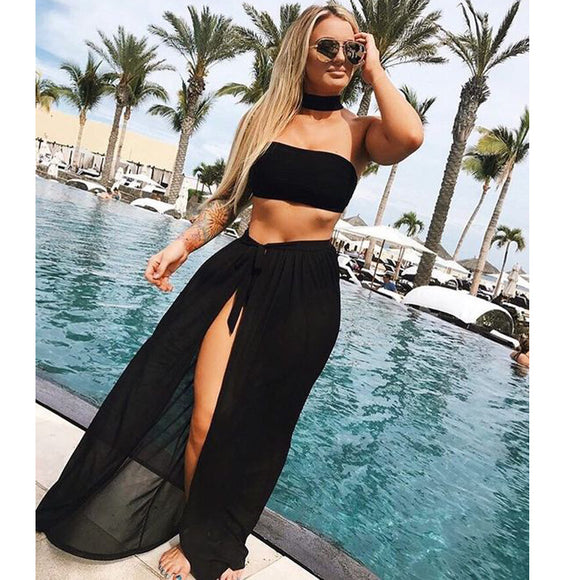 Spring Summer Wear  Solid Color Long Bottom Strap Beach Dress Blouse Holiday Skirt
