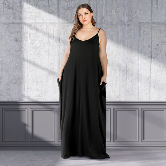 Plus Size Summer  Women Clothing Solid Color Loose Double Pocket Strap Maxi Dress