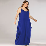 Plus Size Summer  Women Clothing Solid Color Loose Double Pocket Strap Maxi Dress