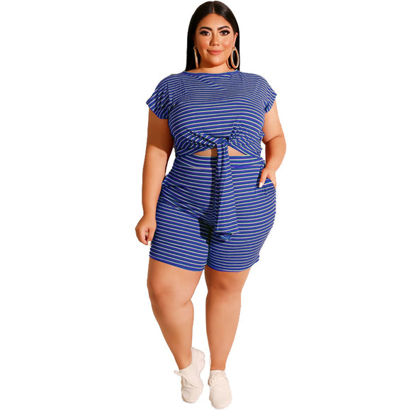 Plus Size Striped Casual Two-Piece Suit Shorts Suit