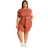 Plus Size Striped Casual Two-Piece Suit Shorts Suit