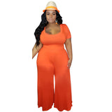 Plus Size Solid Color Wide Leg Short Sleeve Casual  Women Jumpsuit
