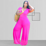 Plus Size Solid Color Wide Leg Short Sleeve Casual  Women Jumpsuit