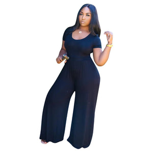 Plus Size Solid Color Wide Leg Short Sleeve Casual  Women Jumpsuit