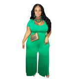 Plus Size Solid Color Wide Leg Short Sleeve Casual  Women Jumpsuit