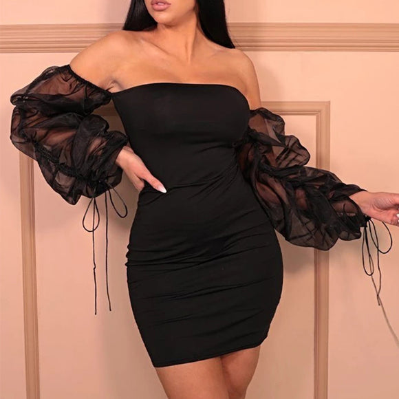 2021 women's sexy off shoulder solid color Hip Wrap Skirt drawstring lace up pleated perspective bubble sleeve dress summer