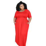 Plus Size Solid Color Pleating Large Swing Short Sleeve Long Pattern Dress