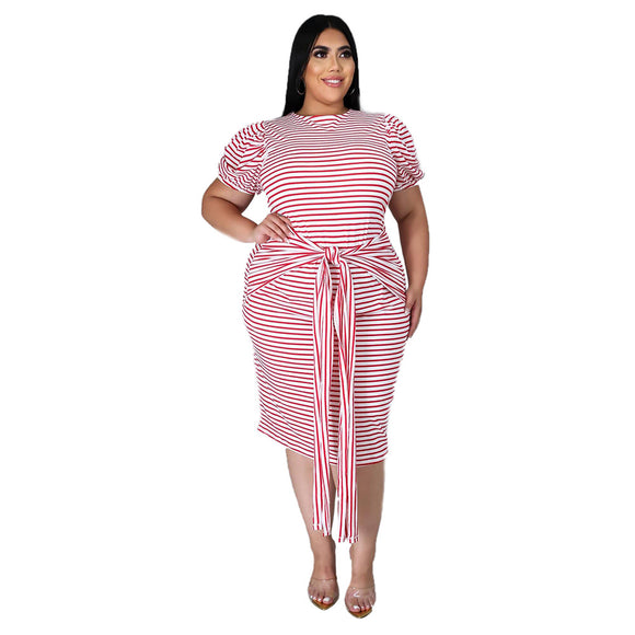 Plus Size Sexy Women Wear round Neck Striped Short Sleeve Lace-up Women Casual Dress