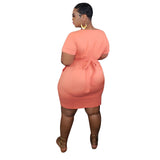 Plus Size Solid Color Slim Fit Tight Hip  Women Dress with Belt