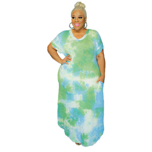 Plus Size Tie-Dye Printed Side Pocket V-neck Loose  Women Dress