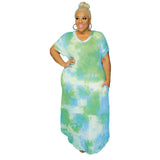 Plus Size Tie-Dye Printed Side Pocket V-neck Loose  Women Dress