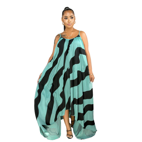 Plus Size Women Clothing Striped Printed Mop Irregular Asymmetric Hem Loose Women Cami Dress
